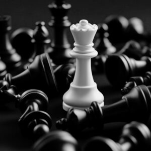 White chess queen piece standing victorious among fallen black chess pieces on chessboard